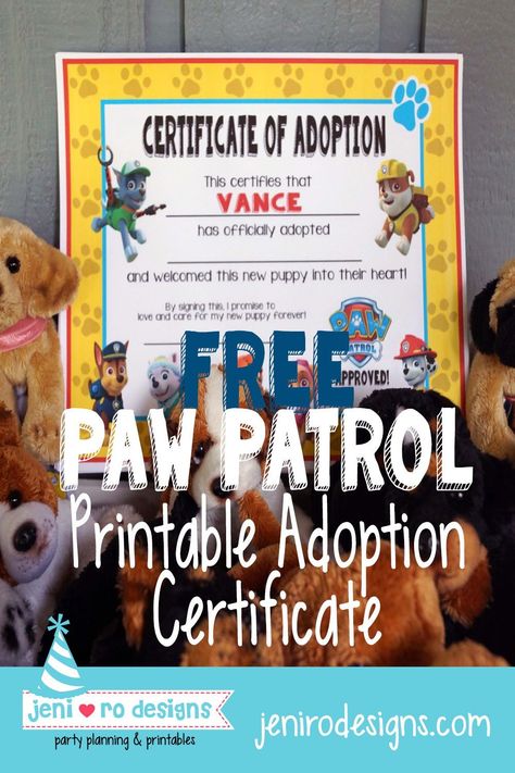 Paw Patrol adoption certificate freebie for a fun favor idea. Let the kids adopt a stuffed puppy at your Paw Patrol party! Adopt A Puppy Certificate Printable Free, Adopt A Puppy Party Favor, Paw Patrol Party Favors Diy, Paw Patrol Adopt A Puppy, Paw Patrol Puppy Adoption, Adopt A Puppy Birthday Party, Puppy Adoption Certificate, Paw Patrol Party Printables, Puppy Party Favors