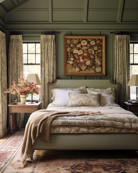 Floral Master Room, Blue Master Bedrooms Ideas, Master Bedrooms Decor Green Bedding, Vintage Green Bedroom Ideas, Dark Green Farmhouse Bedroom, Green French Bedroom, Curtains With Green Walls, Sage Green Master Room, Green Quilt Bedroom