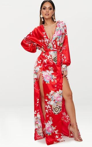 Red Printed Satin Long Sleeve Kimono Maxi Dress Kimono Maxi Dress, Long Sleeve Kimono, Satin Pajama, Satin Long Sleeve, Printed Bodycon Dress, Kimono Dress, Plus Dresses, Petite Dresses, Printed Maxi Dress