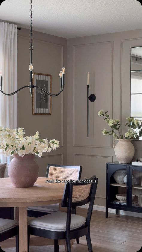 Stephanie Rivera | THE PERFECT NEUTRAL BROWN DOES EXIST 🤎 DETAILS: 🎨 IVORY BROWN BY @valsparpaint color code: 6006-1C SAVE FOR YOUR NEXT HOME PROJECT &… | Instagram Dining Room Decor Neutral, Neutral Color Dining Room, Cream Walls With Dark Trim, Ivory Brown Paint, Neutral Dining Room Ideas, Warm Neutral Dining Room, Dining Room Art Ideas, Vintage Modern Dining Room, Neutral Dining Room Paint