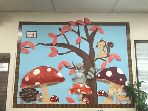 Fall Season Bulletin Board Fall Truck Bulletin Board, Mushroom Bulletin Board, Construction Activities Preschool, Halloween Bulletin Boards, Construction Activities, Fall Bulletin Boards, Mushroom House, Fall Season, Bulletin Boards