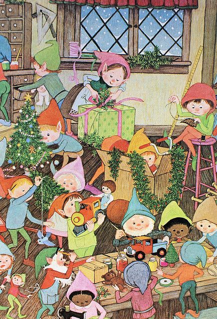 Vintage Christmas Elves Illustration, Elf Christmas Illustration, Christmas Elves Art, Christmas Fairy Illustration, Christmas Elves Illustration, Gyo Fujikawa, Vintage Christmas Elves, Christmas Elfs, Vintage Christmas Elf