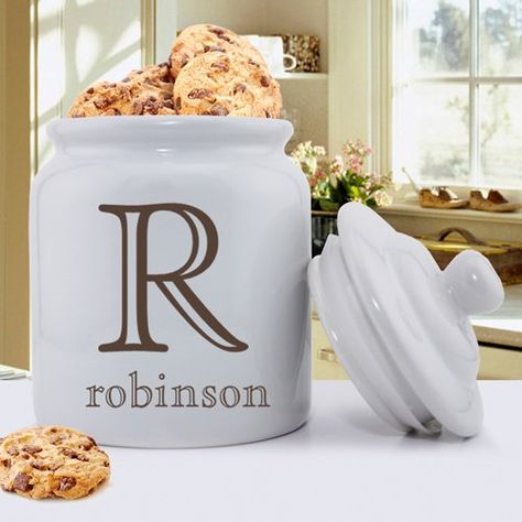 Family Initial Personalized Ceramic Cookie Jar | www.hayneedle.com Personalized Cookie Jar, Cookie Jar Gifts, Ceramic Kitchen Canister Sets, Glass Kitchen Canisters, Ceramic Kitchen Canisters, Monogram Cookies, Disney Cookies, Personalized Family Gifts, Personalized Cookies