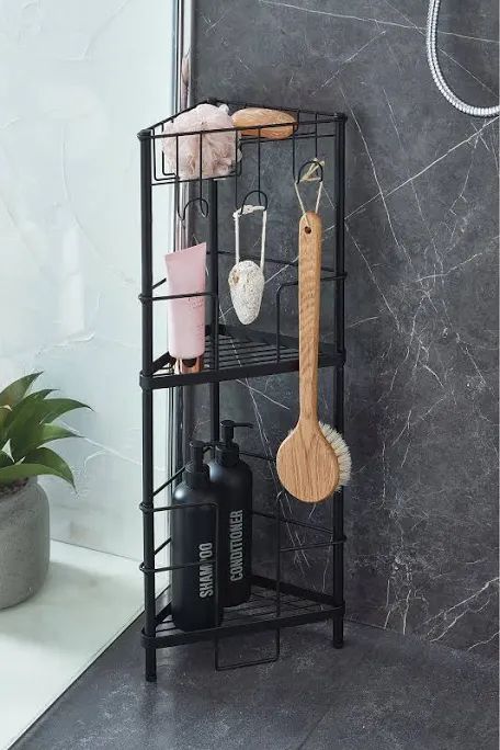 free standing shower caddy brass - Google Search Shop Bathroom Ideas, Shelving Solutions, Corner Space, Storage Caddy, Corner Storage, Corner House, Bathroom Ideas Modern, Space Saving Solutions, Ideas Bathroom