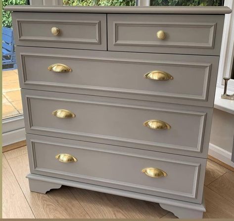 Grey And Gold Furniture, Gold Knobs On Grey Dresser, Grey Dresser With Gold Hardware, Grey Dresser Gold Hardware, White Chalk Paint Dresser With Gold Handles, Fusion Mineral Paint Furniture Everett, Gold Painted Furniture, Fusion Mineral Paint Damask Dresser, Pine Bedroom Furniture