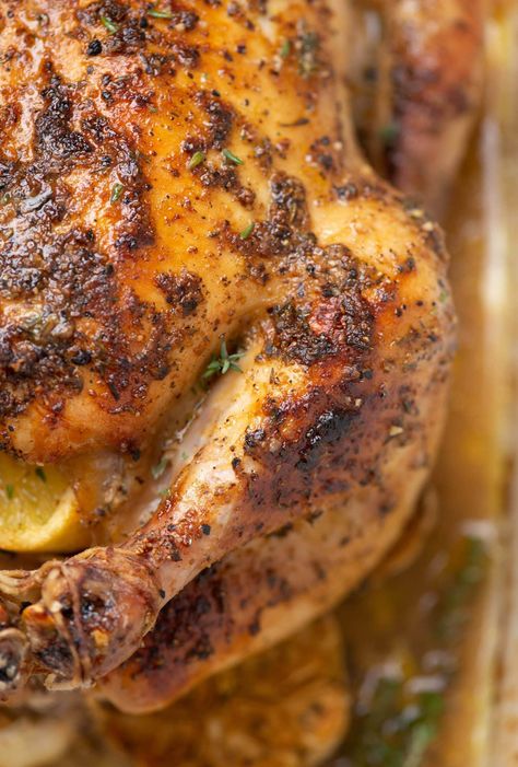 Lemon Pepper Whole Chicken Baked, Thyme Roasted Chicken, Lemon Thyme Roasted Whole Chicken, Roasted Garlic Chicken Soup, Roast Chicken Stuffing Recipes, Lemon And Thyme Chicken, Thyme Chicken Recipes, Roast Chicken Marinade, Roasted Chicken Whole