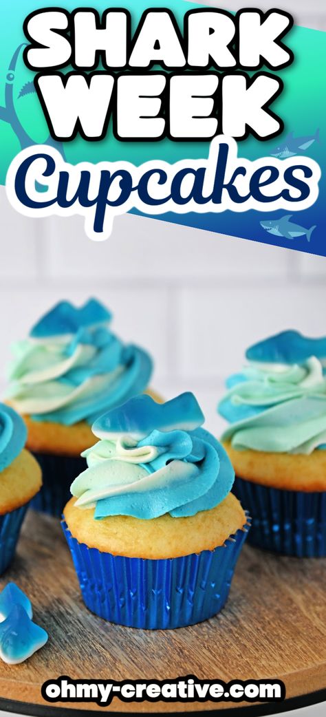 With gorgeous ombre blue frosting, DIY Shark Cupcakes look like there are ocean waves on the top! They are perfect, especially if you need more Shark Party Ideas. Vanilla Frosting For Cupcakes, Ocean Snacks, Shark Party Ideas, Ocean Cupcakes, Spiked Hot Cocoa, Shark Cupcakes, Dole Whip Recipe, Blue Frosting, Blue Icing