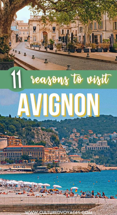 Is Avignon Worth Visiting pin cover for pinterest, the shore of the Ponchettes Public Beach in Avignon with people sunbathing and swimming and view of a nearby coastal town in the background, and a cobbledstone road nearby the Place Crillon Provence Travel, Provence France Travel, Languedoc France, France Lyon, Arles France, Avignon France, South France, Instagram Places, France City