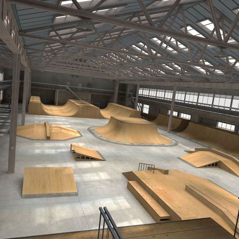 Backyard Skatepark, Skatepark Design, Warehouse Interior, Skate Ramp, Skateboard Ramps, Skateboard Park, Sport Park, Parking Design, Skate Park