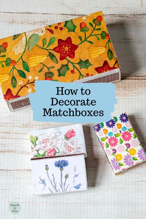 One large and three small matchboxes decorative with floral paper and tape. Decorating Matchboxes, Diy Match Box Crafts, Matches For Candles, Diy Matchbox Crafts, Diy Matches Box Ideas, Diy Matchbook Art, Matchbox Crafts Diy Match Boxes, Match Box Diy, Match Box Art Matchbox Crafts