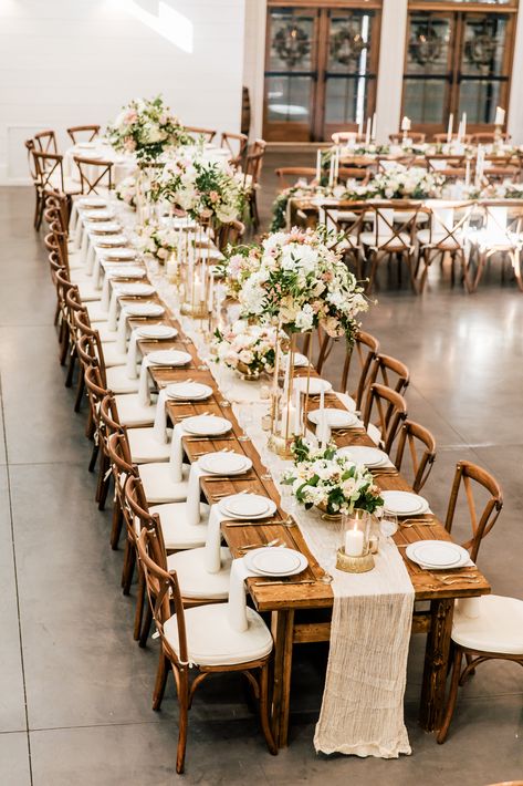 Plain Table Decor Wedding, Long Tables For Wedding Reception, Indoor Rustic Wedding Reception Decor Table Settings, Nuetral Pallete Wedding Table, Long Wood Tables, Harvest Table Wedding Layout, Wedding Tables Lay Out, Table Setups For Weddings, Wedding Reception Tables Layout 150