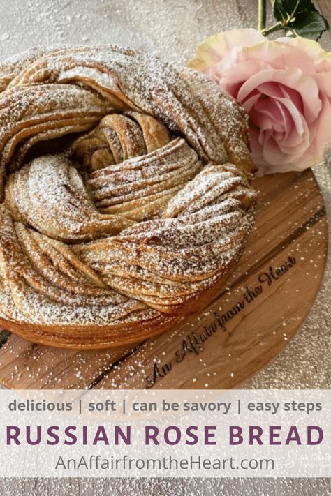 This Russian rose bread is incredibly soft and delicious! Made with a cinnamon filling and braided into a wreath for satisfying flavors. #cinnamon #bread #anaffairfromtheheart #recipe #dessert Bread Braids, Europe Recipes, Cinnamon Wreath, Rose Bread, Russian Cake, Bread Wreath, Cultural Foods, Cinnamon Filling, Baked Sweets