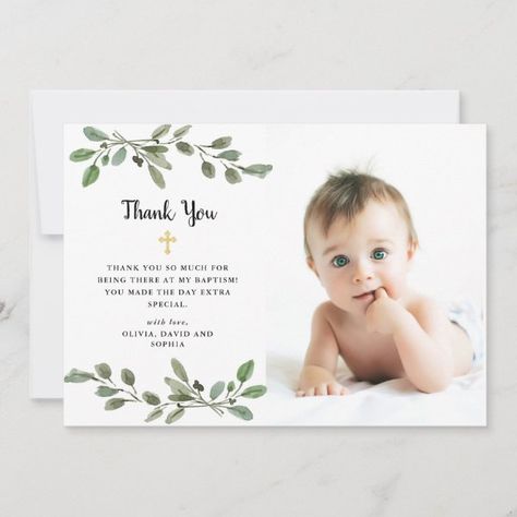 Baptism Christian, Christening Thank You Cards, Baptism Thank You Cards, Peach Peonies, Rustic Minimalist, Olive Leaves, Simple Watercolor, Watercolor Greenery, Photo Thank You Cards