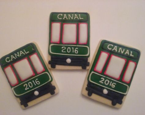 Streetcar cookies New Orleans New Orleans Cookies, Purdue Cookies Decorated, Mardi Gras Cookies Decorated, Saints Cookies New Orleans, Streetcar New Orleans, Car Cookies, Sugar Dough, Christmas Sugar Cookies, Cookie Cake