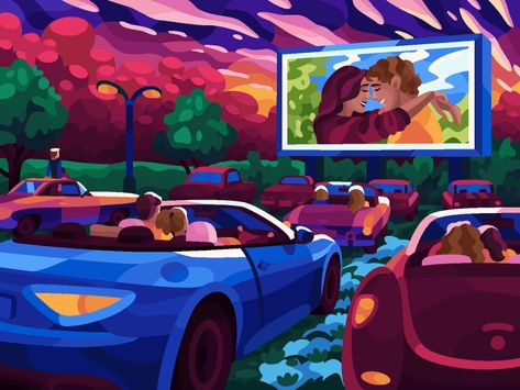 Look at the picture that I've painted - Drive-in theatre #gallerythegame #coloringbook Theatre Illustration, Drive In Movie Theater, Number Game, Colored Pictures, Drive In Theater, Drive In Movie, Theatre Arts, Number Games, Flat Illustration