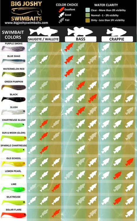 Fishing lure color chart to help you catch more fish. Bass Fishing Tips, Walleye Fishing, Fishing Rigs, Crappie Fishing, Fishing Techniques, Fishing Quotes, Fishing Knots, Freshwater Fishing, East Texas