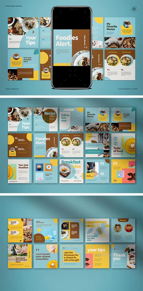 Food Instagram Coach Carousel by graphicook | GraphicRiver Ig Ads Design, Instagram Carousel Design, Carousel Ideas, Poster Tutorial, Instagram Ads Design, Food Startup, Carousel Design, Nutrition Month, Lounge Interiors