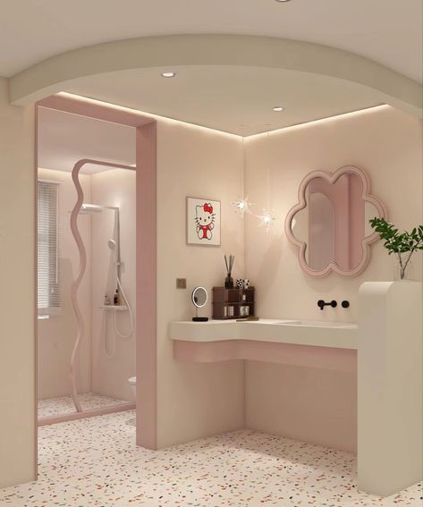 Bathroom Astethic Girl, Aesthetic Bathroom Girl, Pink Apartment Aesthetic Bathroom, Aesthetic Toilet Design, Hello Kitty Bathroom Aesthetic, Hello Kitty Mansion, Aesthetic Pink Bathroom, Bloxburg Restroom, Cutecore Bathroom