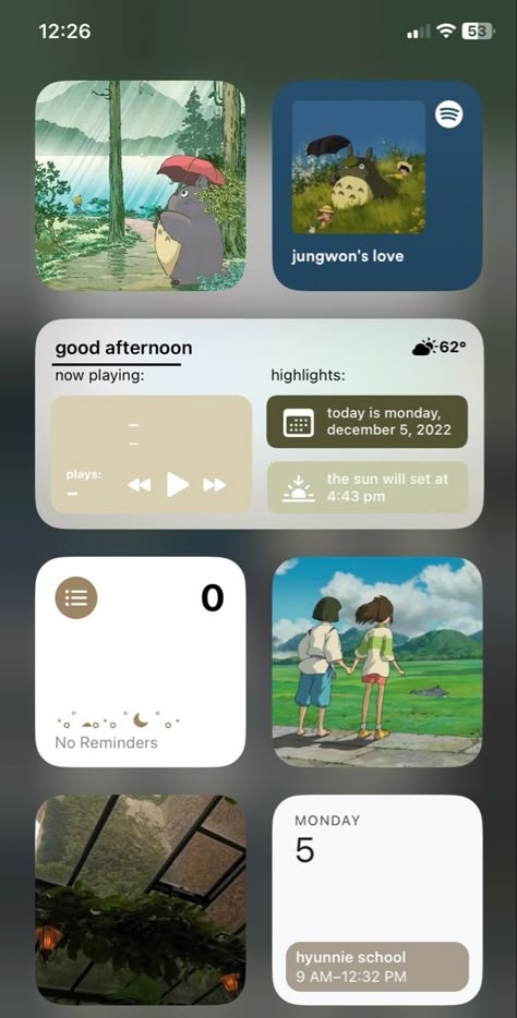 Studio Ghibli Ios 16, Studio Ghibli Themed Phone, Ghibli Iphone Layout, Studio Ghibli Phone Theme, Studio Ghibli Ios, Theme Ios 16, Studio Ghibli Theme, Layout Homescreen Ideas, Iphone Layout Homescreen Ideas