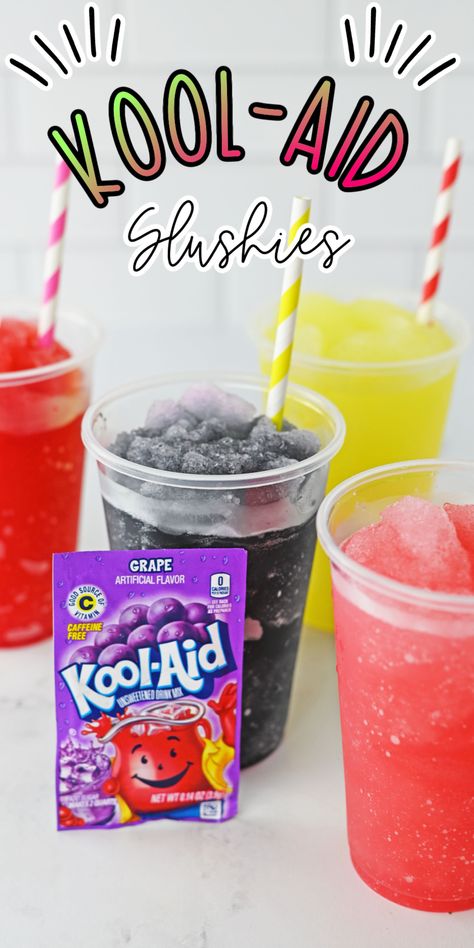 Kool-Aid Slushies Cool Aid Slushies, Kool Aid Slushie Recipe, Kool Aid Slushie, Kool Aid Recipes, Koolaid Slushies Recipes, Ninja Slushie Machine Recipes, Diy Slushies, Slushie Recipes, Homemade Slushies