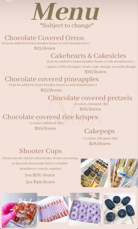 Strawberry Menu Ideas, Small Candy Business Ideas, Oreo Chocolate Covered Strawberries, Sweet Business Ideas, Dessert Table Price List, Small Business Sweet Treats, Prices For Chocolate Covered Strawberries, Sweet Treat Business Ideas, Treat Maker Ideas