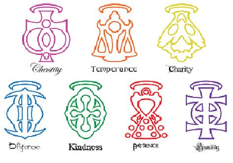 Which Of The 7 Heavenly Virtues Are You? 7 Heavenly Virtues, Seven Deadly Sins Symbols, 7 Deadly Sins Tattoo, Heavenly Virtues, Sin Tattoo, 7 Virtues, The 7 Deadly Sins, 7 Sins, Magic Symbols