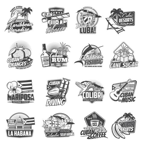 Cuba isolated icons of Cuban travel and tourism Cuba Tattoo Ideas Design, Cuban Tattoos, Cuba Tattoo, Cuban Art, Travel And Tourism, Cuba, Premium Vector, Graphic Resources, Vector Art