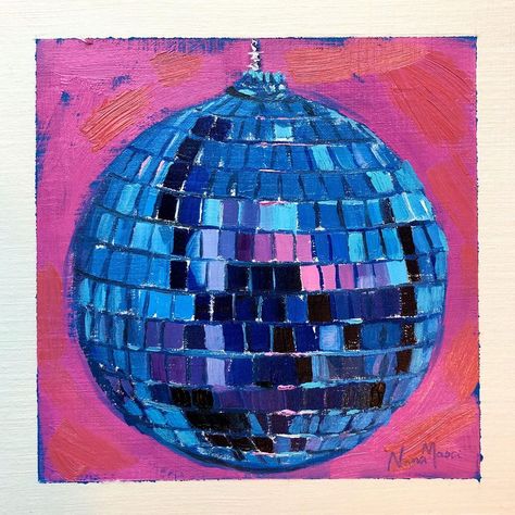 Rainbow Disco Ball Painting, Acrylic Painting Objects, Blue Disco Ball Painting, Disco Ball Pixel Art, Disco Ball Acrylic Painting, Disco Painting Ideas, Disco Ball Painting Tutorial, Mirror Ball Drawing, Mirror Ball Painting