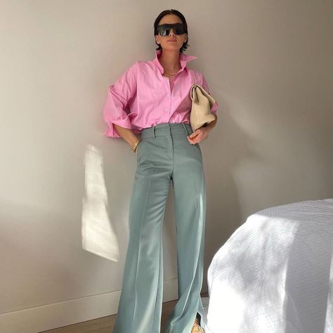 On Wednesdays, we wear pink... shirts! Bubblegum button-downs are trending and we've found an option for every budget. Click through for more. Pink Shirt, Sunglasses, Bed, Grey, Wall, Pants, Pink, White, Trousers