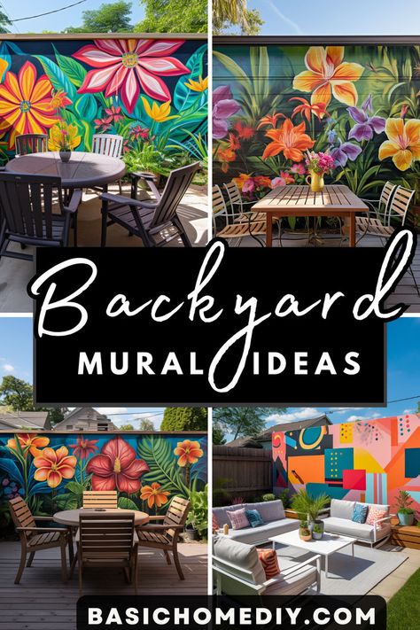 Elevate your outdoor space with Unique Backyard Mural Ideas for Garden and Fence! Explore creative outdoor art and mural designs that transform your garden and fence into a living masterpiece. From vibrant landscapes to whimsical motifs, these ideas will breathe life into your backyard oasis. 🌿🎨🌼 #OutdoorDecor #GardenArt #MuralIdeas #BackyardBeauty Outdoor Patio Mural Ideas, Garden Graffiti Wall, Easy Fence Mural Ideas, Backyard Accent Wall, Outside Murals Gardens, Funky Backyard Ideas, Garden Mural Ideas, Outdoor Garden Mural, Garden Mural Outdoor Wall Art Easy