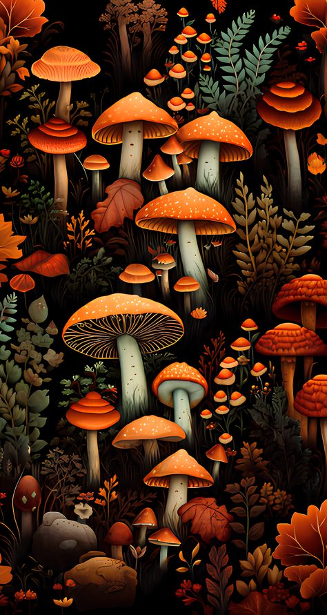 Background in hippie style, flower child, 60s, 70s. Mushrooms and flowers texture for fabrics, textiles, wallpapers Iphone Background Mushroom, Mushroom Asthetic Wallpers, Cute Fall Backgrounds Wallpapers, Hippy Aesthetic Wallpaper, Mushroom Background Aesthetic, Cute Fall Phone Wallpaper, Mushroom Art Wallpaper, Witchy Iphone Wallpaper, Mushrooms Aesthetic Wallpaper