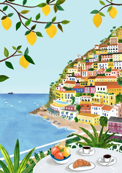 Amalfi Coast Illustration, Coast Illustration, Italy Art Print, Italian Coast, Soyut Sanat Tabloları, Italy Art, 수채화 그림, Art And Illustration, Painting Art Projects