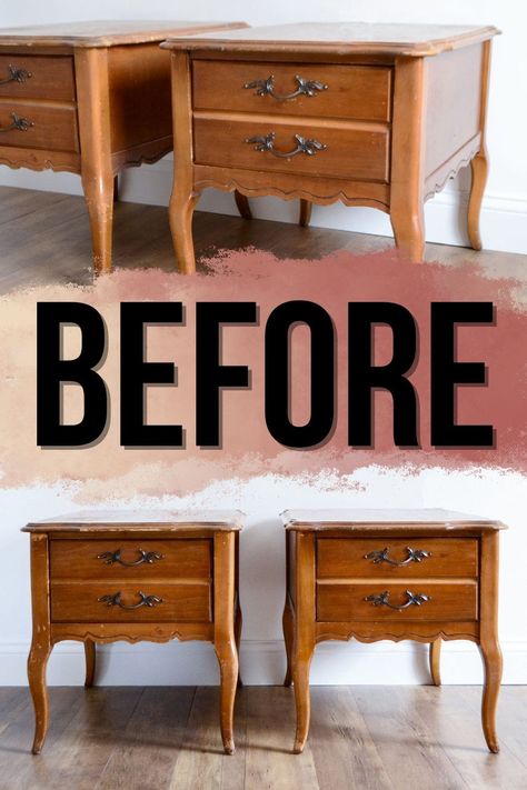 French Provincial Nightstand Makeover, Nightstands Makeover, Refurbished Night Stand, Painted Nightstand Ideas, Painted French Provincial Furniture, Refinished End Tables, Bedside Table Makeover, Night Stand Makeover, Painted Bedside Tables