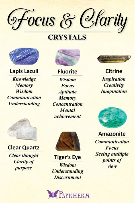 The best crystals for focus and clarity are fluorite, lapis lazuli, clear quartz, citrine, tiger's eye and amazonite. Focus Crystals, Crystals For Intelligence, Crystals For Concentration, Crystal For Focus, Crystal For Memory, Crystals For Clarity, Crystals For Memory And Focus, Crystals For Students, Crystals For Focus