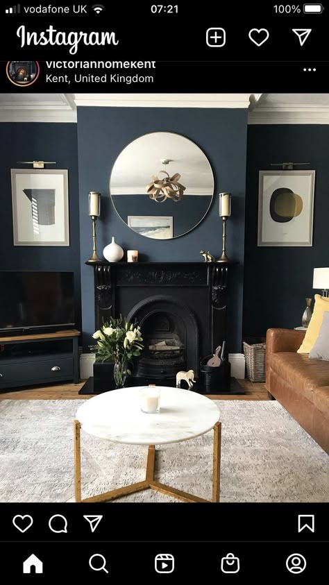 Navy Fireplace Wall Living Room, Deep Blue Living Room Walls, Blue Panelling Living Room, Petrol Blue Living Room, Blue Sitting Room, Livibg Room, Dark Walls Living Room, Traditional Lounge, Blue Walls Living Room