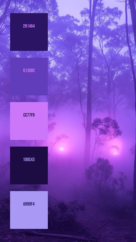 Colors: 2B1464 ° 613DBC ° CC77F9 ° 1D0C43 ° A999F4 Amity Blight Color Palette, Purple Tiefling Aesthetic, Mysterious Color Palette, Purple And Green Palette, Haunted Cottagecore, Moon Color Palette, Cold Color Palette, Nails Branding, Purple Pallet