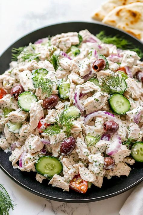 Tzatziki Chicken Salad, Tzatziki Chicken, Chicken Salad Ingredients, Easy Mediterranean Diet Recipes, Best Salad Recipes, Tzatziki Sauce, Cooked Chicken, Favorite Chicken, English Cucumber