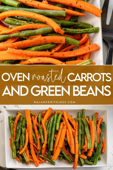 Need easy vegetable side dishes for a crowd? Try these oven roasted carrots and green beans! Made with 5 ingredients, these sheet pan roasted vegetables are ready to go in 20 minutes. Pair with your favorite chicken or ground beef recipes and enjoy. Garlic Herb Roasted Potatoes Carrots And Green Beans, Green Bean Healthy Recipes, Whole30 Green Beans, Healthy Thanksgiving Green Beans, Healthy Salad With Fruit, Vegetable Side Dish Ideas For Dinner, Vegetarian Dishes Thanksgiving, Roasted Beans And Carrots, Roasted Fall Vegetables Thanksgiving