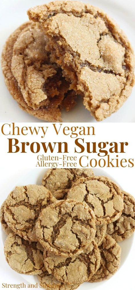 Chewy Brown Sugar Cookies (Gluten-Free, Vegan) | Strength and Sunshine | These unbelievably soft and chewy Brown Sugar Cookies are gluten-free, vegan, and allergy-free! Rich dark brown sugar keeps these eggless cookies extra chewy and moist with delicious notes of caramel and molasses flavor. Buttery and sweet with a perfect crinkle top, these quick and easy brown sugar cookies have 8 ingredients and bake up in 10 minutes! Oat Cookies Gluten Free, Easy Vegan And Gluten Free Desserts, Gluten Free Vegan Cookies Easy, Cookie Recipes Gluten Free Dairy Free, Allergy Friendly Recipes Desserts, Dairy And Soy Free Cookies, Vegan Gf Cookies Recipes, No Sodium Cookies, Vegan Cookies Without Butter