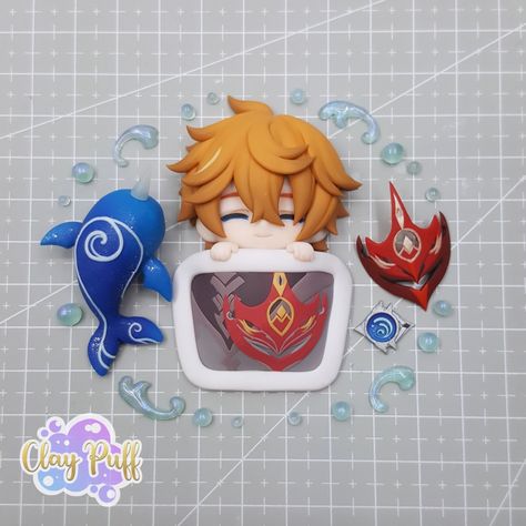 Chibi Polymer Clay Handmade by: Claypuff IG@claypuff FB@claypuff18 X@claypuff YT@claypuff18 Genshin Clay Art, Chibi Childe, Chibi Polymer Clay, Chibi Reference, Clay Chibi, Clay Diy Projects, Clay Work, Clay Figures, Diy Clay