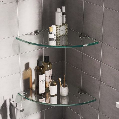 Transparent Bathroom, Glass Shower Shelves, Glass Corner Shower, Bathroom Glass Wall, Bathroom Corner Storage, Glass Corner Shelves, Shower Corner Shelf, Glass Bathroom Shelves, Glass Shelves In Bathroom