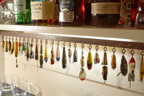 Fishing Office Decor, Man Cave Fishing Theme, Fishing Lure Chandelier, Man Cave Shelves, Fish Camp Ideas, Old Fishing Rods Ideas, Fishing Hut Interior, Fishing Pole Decor Ideas, Tackle Room Ideas