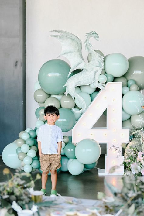 Kara's Party Ideas Floral Dragon Double Birthday Party | Kara's Party Ideas Dragon Backdrop Ideas, Dragon Theme Decorations, Dragons And Unicorns Birthday Party, Dragon Balloon Garland, Mythical Creatures Party Ideas, Knight And Dragon Birthday Party, Dragon Birthday Decorations, Dragon Decorations Party, Fantasy First Birthday Party