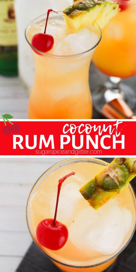 A delicious tropical cocktail recipe, this Coconut Rum Punch tastes like sunshine! A fun party cocktail for summer. #cocktailrecipe #rumpunch #rumcocktail #recipevideo Coconut Rum Punch, Coconut Rum Punches, Rum Punch Recipe, Rum Punch Recipes, Banana Split Dessert, Hawaiian Recipes, Drink Party, Party Drinks Alcohol, Punch Recipe