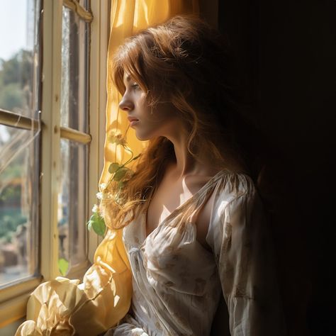 Photo woman looking out of an open windo... | Premium Photo #Freepik #photo Looking Out Window Reference, Opening Door Pose Reference, Window Poses, Girl Looking Out Window, Woman At Window, Sitting By Window, Sitting By The Window, Reference Study, Looking Out Window