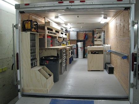 great layout and use of space Trailer Shelving, Van Shelving, Work Trailer, Trailer Organization, Mobile Workshop, Garage Atelier, Trailer Storage, Van Storage, Enclosed Trailers