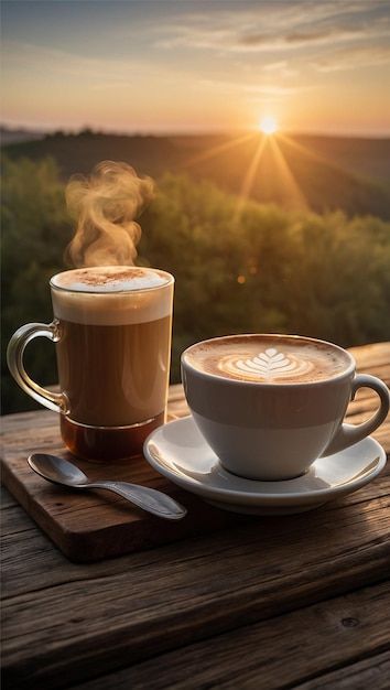 Photo a cup of coffee with the sun setti... | Premium Photo #Freepik #photo Cup Of Coffee Photography, Coffee Time Morning, 2 Cups Of Coffee, Two Coffee Cups, Morning Coffee Photography, Coffee Outside, Sunrise Coffee, Cafe Pictures, Barley Grass