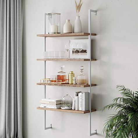 Amazon.com: Nathan James Theo 4-Shelf Bookcase, Floating Wall Mount Shelves with Natural Wood and Industrial Pipe Metal Frame, Oak/White: Kitchen & Dining Metal Ladder, 4 Shelf Bookcase, Nathan James, Floating Bookshelf, Wall Mounted Bookshelves, Ladder Bookshelf, Wood Ladder, Bookcase Wall, Modern Bookcase