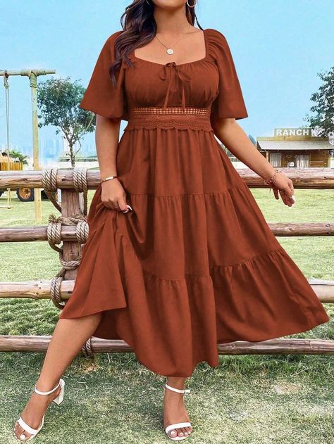 Elegant Embroidered Plus Size Dress With Henley Neckline Rust Brown Casual  Short Sleeve Woven Fabric Plain A Line Non-Stretch  Women Plus Clothing, size features are:Bust: ,Length: ,Sleeve Length:[Collection] Cute Burnt Orange Dress, Plus Size Dress With Belt, Dress For Apple Shape Women Plus Size, Plus Size Peasant Dress, Plus Size Dresses Fall, Womens Clothing Plus Size, November Wedding Guest Dress Plus Size, Casual Dresses For Plus Size Women, Plus Size Dresses Modest