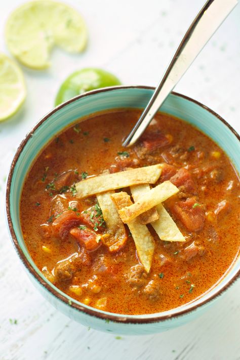 Slow Cooker Beef Enchilada Soup Enchilada Soup Crockpot, Beef Enchilada Soup, Enchilada Soup Recipe, Panini Recipes Chicken, Ground Beef Enchiladas, Beef Enchilada, Chili Soup, Enchilada Soup, Beef Enchiladas